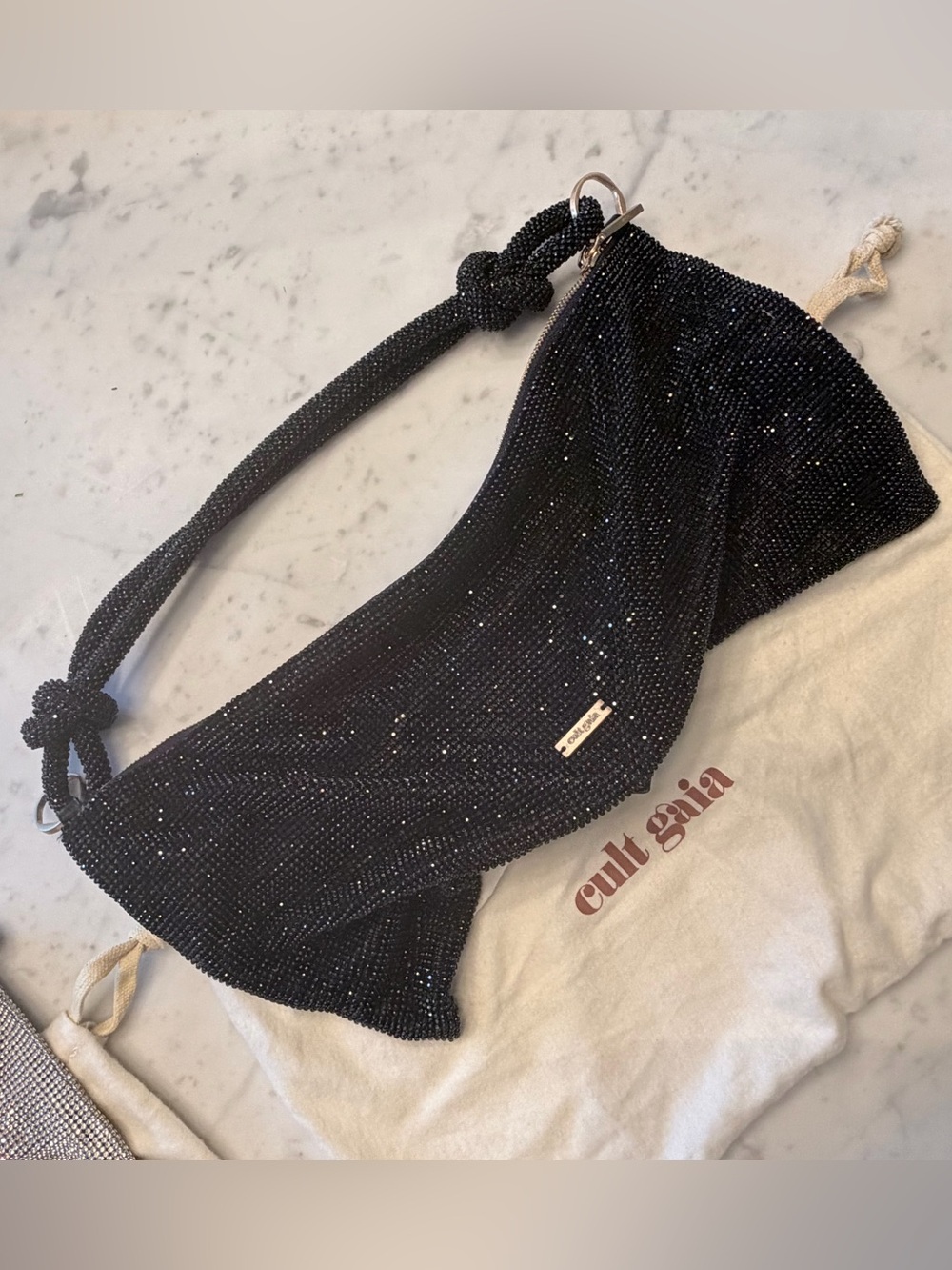 Cult Gaia Hera Mini black crystal mesh clutch